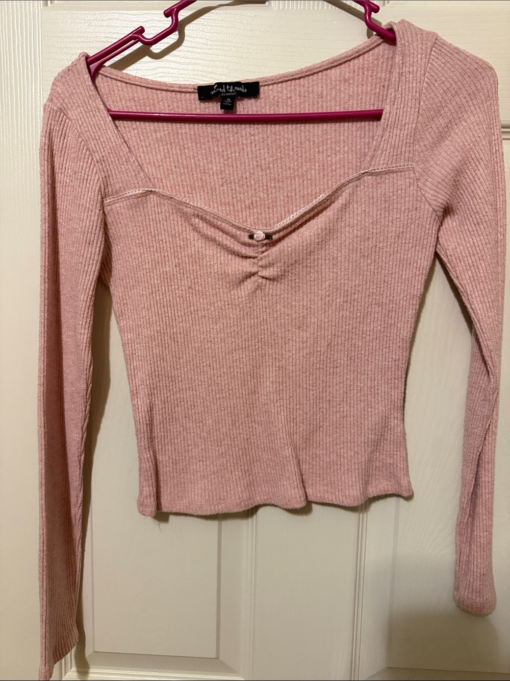Love Tree Blush Ribbed Long Sleeve Sweetheart Top